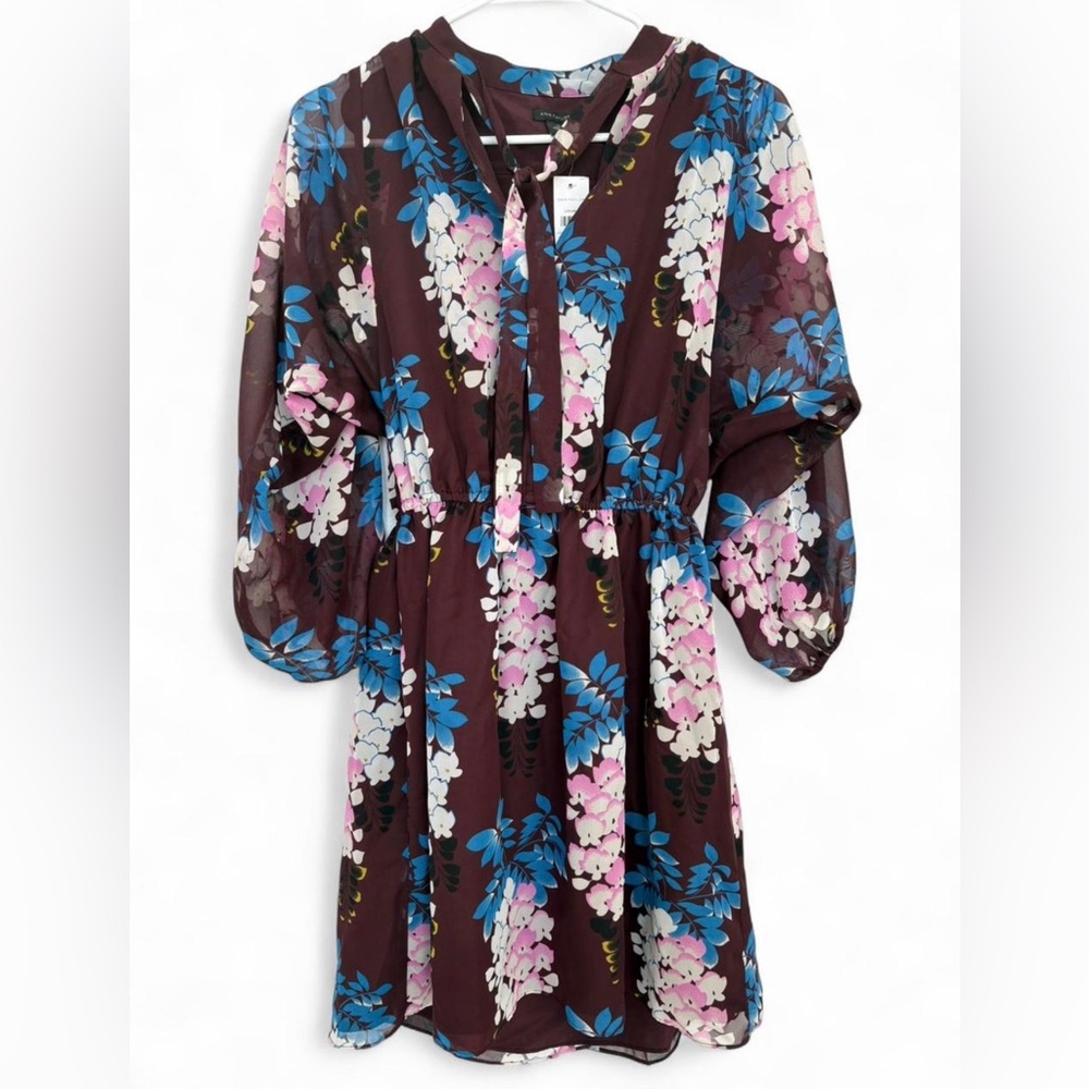 NWT Women's Ann Taylor Chiffon Burgundy Floral 3/4 Sleeve Dress Size XS Neck Tie